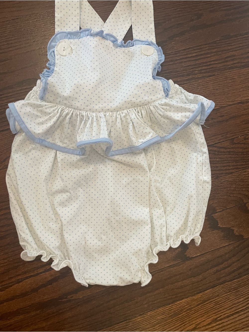 Girls Ruffle Bubble Romper with Light Blue Trim